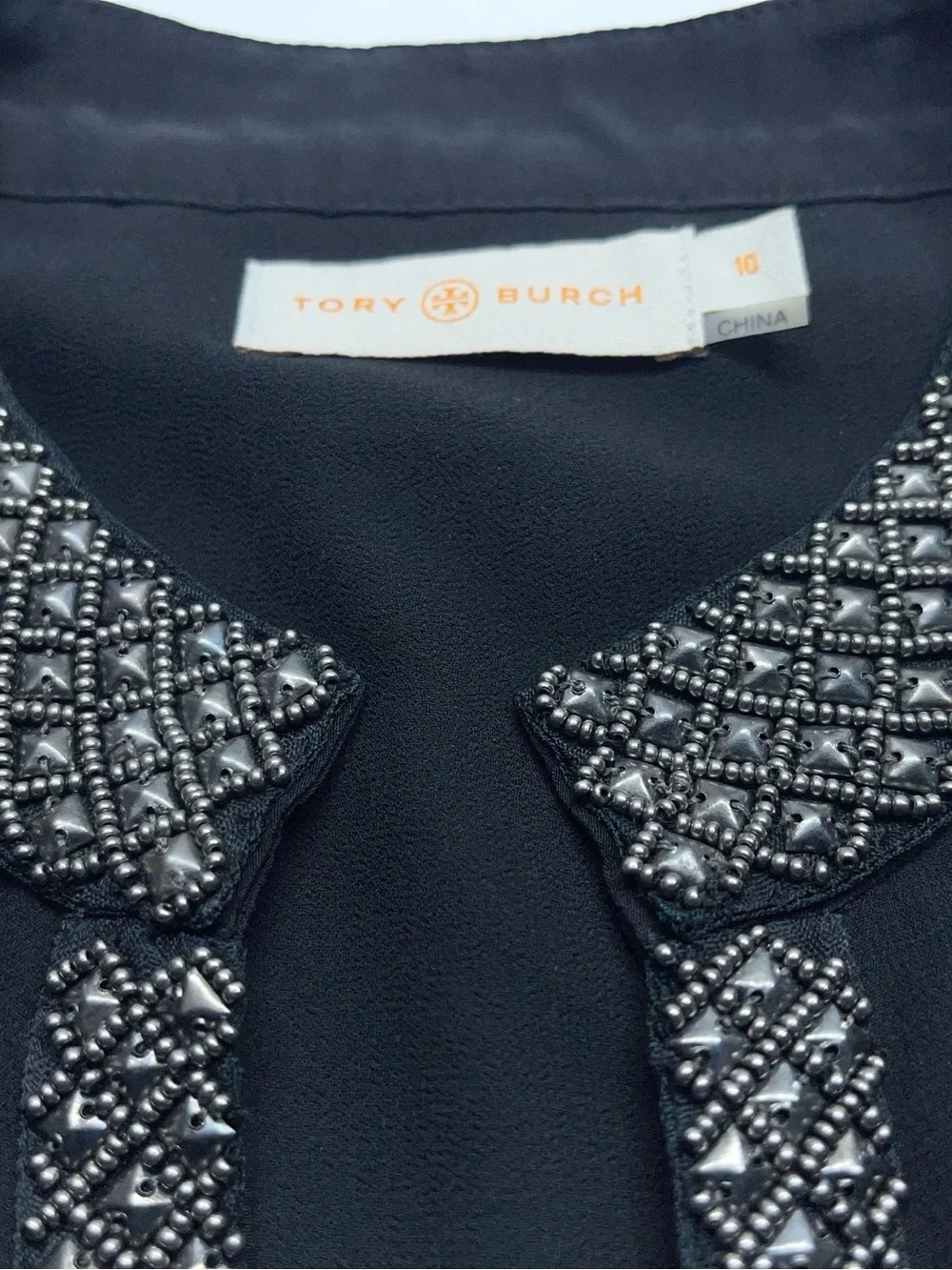 Tory Burch Silk Blouse Womens Size 10 Black Embellished Long Sleeve Front Lined